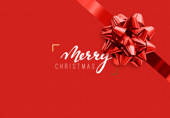 Merry Christmas Holiday background. Handwritten text, realistic textured pattern, pull ribbon bow.
