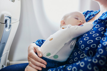 Woman with little girl travelling by plane