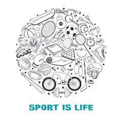 Poster from sport equipment in doodle style. Vector illustration. Hand drawn sport accessories in circle composition isolated on white background.