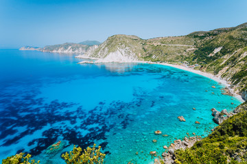 Petani beach panorama seascape. Favorite tourist visiting destination place at summer on Kefalonia island, Greece, Europe