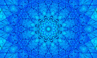 Bright blue mandala Art with fractal shapes and patterns. - obrazy, fototapety, plakaty