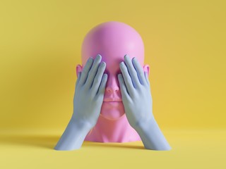3d render, female mannequin head, eyes closed by hands, blind concept, isolated object, minimal...