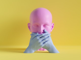 Obraz premium 3d render, speechless female mannequin head, mouth closed by hands, silence concept, isolated object, minimal fashion background, shop display, pink blue yellow pastel colors