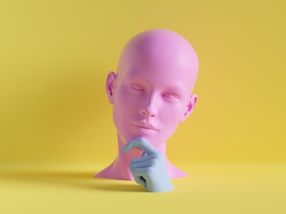 3d render, female mannequin head, hand, fashion concept, isolated object, minimal yellow...