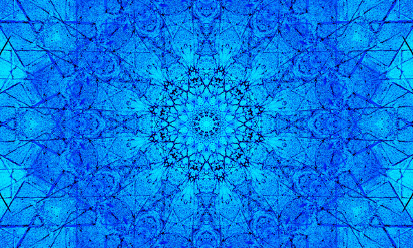 Bright blue mandala Art with fractal shapes and patterns.