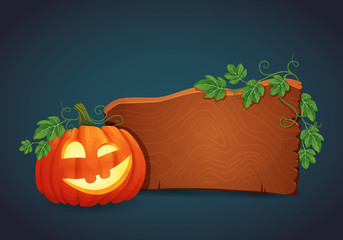 Wooden signboard with happy grinning halloween pumpkin illuminated from the inside with green vines and leaves. Vector sign, banner, icon design template.