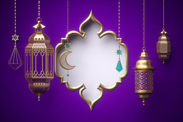 3d render, blank frame, ornaments hanging on golden chains, lantern, tribal decoration, festive greeting card template, arabesque design, empty banner, isolated on violet background