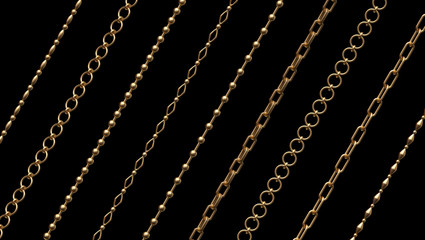 3d render, assorted gold chains, design elements set, collection, isolated on black background