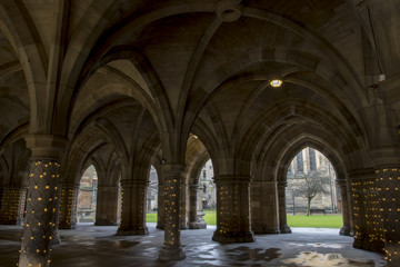 The Cloisters at Glasgow University with light decorations