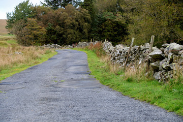 Obraz premium Country Road with Stone Wall and Old Wire Fence