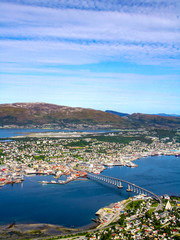 Aerial view of Tromso and its surrounding fjords from the cable car, in far northern Norway, above the arctic circle