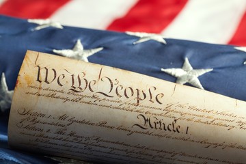 Fototapeta premium Old American Documents on American Flag