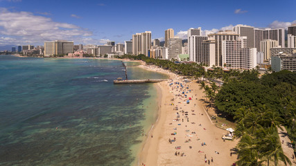 Aerial view of people at the beach in Honolulu Hawaii