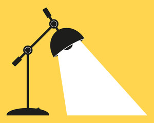Desk lamp office, with the included light. Silhouette of an electric lamp in the dark, with space for text. Illustration, flat vector design.