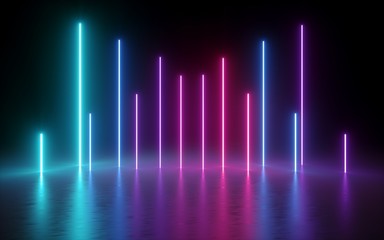 3d render, glowing vertical lines, neon lights, abstract illuminated background, ultraviolet, spectrum vibrant colors, laser show - obrazy, fototapety, plakaty