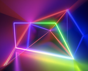 3d render, spectrum neon lights, fashion style, glowing lines, rainbow, laser show, energy rays, synergy, virtual reality, ultraviolet, abstract fluorescent background, optical illusion, night club