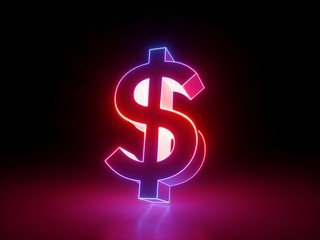 3d render, dollar currency symbol, red neon glowing sign isolated on black background, business...
