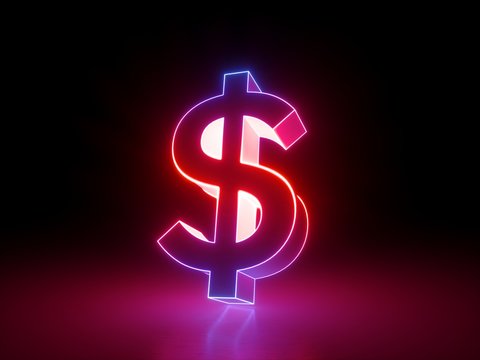 3d render, dollar currency symbol, red neon glowing sign isolated on black background, business concept, ultraviolet light, electricity, electric lamp, fluorescent element