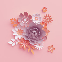 3d render, fall paper flowers isolated on pink, pastel botanical background, beautiful bouquet, floral arrangement, fashion wallpaper, nursery wall decor, rose, peony, daisy, leaves