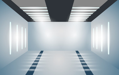 Exhibition empty 3D room with bright lighting. Presentation of cars, motorcycles, retro, valuables. Vector illustration for your business projects.