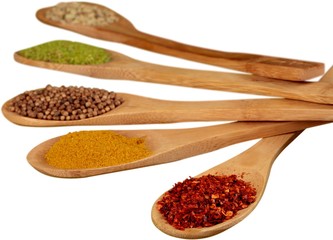Spices On Wooden Spoons - Isolated