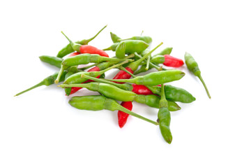 fresh red and green hot chili with stem on white background