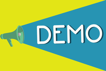 Handwriting text Demo. Concept meaning Demonstration of a product techniques and capabilities Public meeting.