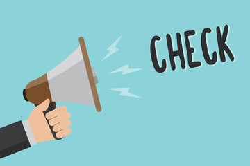 Conceptual hand writing showing Check. Business photo showcasing Mark Click on a box in order to select a particular option on a form Man holding megaphone blue background message speaking loud