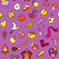 Autumn Fall Seamless Vector Pattern And Background With Halloween And Thanksgiving Elements