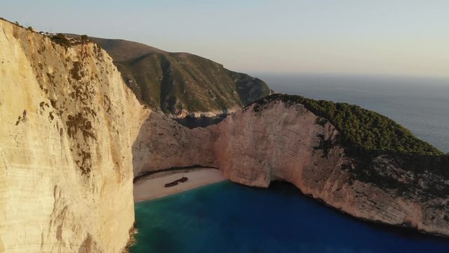 Shipwreck Beach also known as Navagio Beach or Shipwreck Cove, located in Zante, Zakynthos island in Greece. Drone footage is from DJI Mavic Air shot during the day and golden hour and sunset.