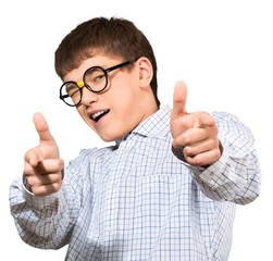 Nerdy teen male pointing two finger guns