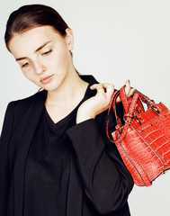 young pretty cool fashion business lady wearing black suit and o