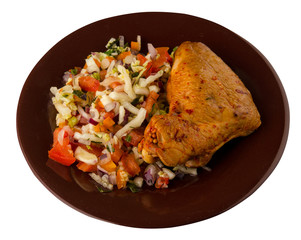 chicken wing with vegetable salad on a plate. chicken wing with vegetable salad isolated on white...