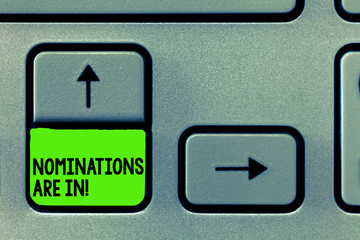 Word writing text Nominations Are In. Business concept for Formally Choosing someone Official Candidate for an Award.