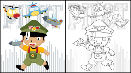 Little boy with aircraft toys, coloring book or page, vector cartoon illustration