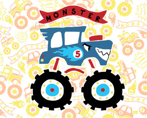 vector of monster truck cartoon on seamless pattern trucks background © Bhonard21