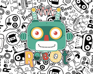 Obraz premium Vector of funny robot head cartoon on seamless pattern of robots