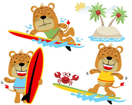 Vector set of funny tigers cartoon with little crab playing surfboard