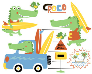 Vector set of funny crocodile cartoon on car with surfboard, funny surfer.