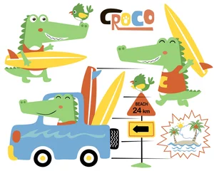 Zelfklevend Fotobehang Vector set van grappige krokodil cartoon op auto met surfplank, grappige surfer. © Bhonard21