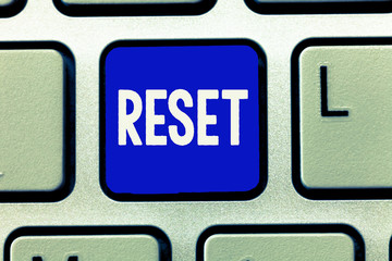 Writing note showing Reset. Business photo showcasing cause device return to its factory mode Set again zero start point.