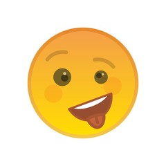 Fototapeta premium Happy cheeky emoticon with tongue out isolated on white background. Playful yellow emoji symbol. Social communication and internet chatting vector element. Crazy smile face with facial expression