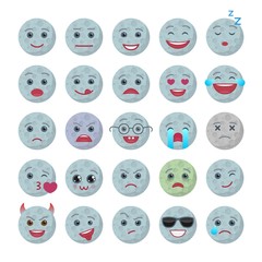 Moon funny emoticons isolated set. Angry, joy, love, romantic, laugh, happy and sad earth satellite emoji symbols. Social communication and chatting vector elements. Smile face with facial expression