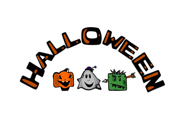 Halloween, Ghost, zombie and smiling pumpkin .Comical cartoon characters on a white background
