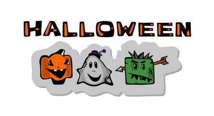 Halloween, Ghost, zombie and smiling pumpkin .Comical cartoon characters on a white background