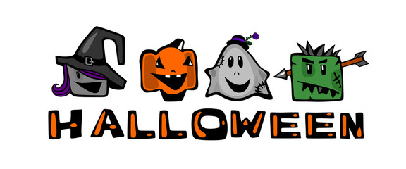 Halloween, witch, Ghost, zombie and smiling pumpkin .Comical cartoon characters on a white background