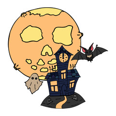 Happy halloween color vector icon moon graveyard crypt with vampire bat and ghost. Trick or treat. Cute spooky element. Cemetery, monster, celebration. Witchcraft and magic. Background illustration.