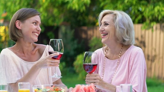 Daughter And Mother-in-law Pleasantly Communicating Outdoors With Glass Of Wine