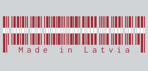 Barcode set the color of Latvia flag, a carmine field bisected by a narrow white stripe, text: Made in Latvia. concept of sale or business.