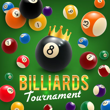 Billiard balls and crown. tournament. 3D vector